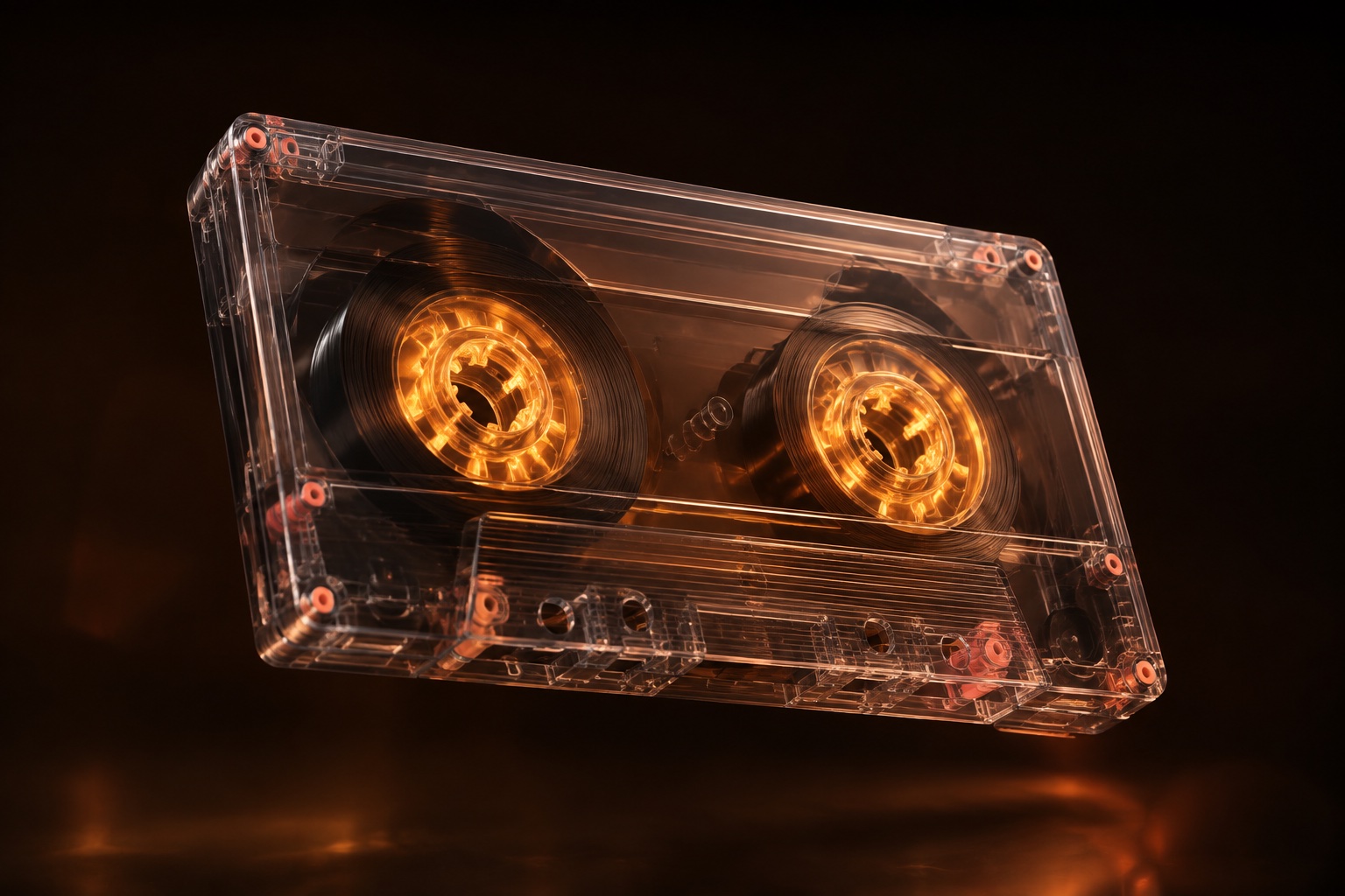 A transparent VHS cassette with glowing amber reels